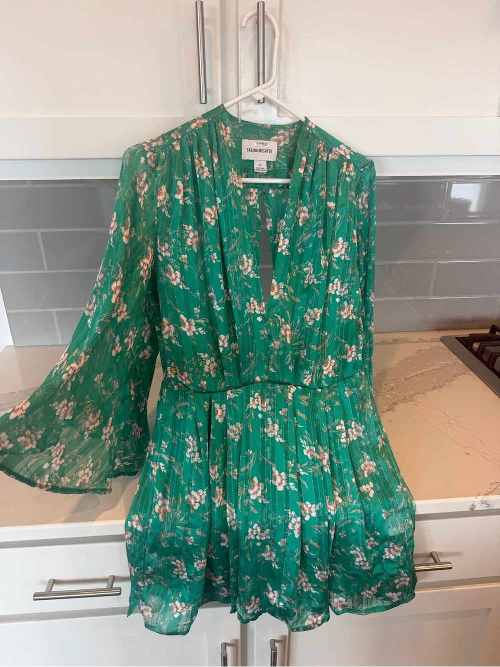 Sabina Musayev Green Floral Long-Sleeve Mini Dress